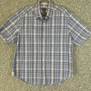Johnston & Murphy Shirt Extra Large Blue Pucker Plaid Tailored Fit Short Sleeve